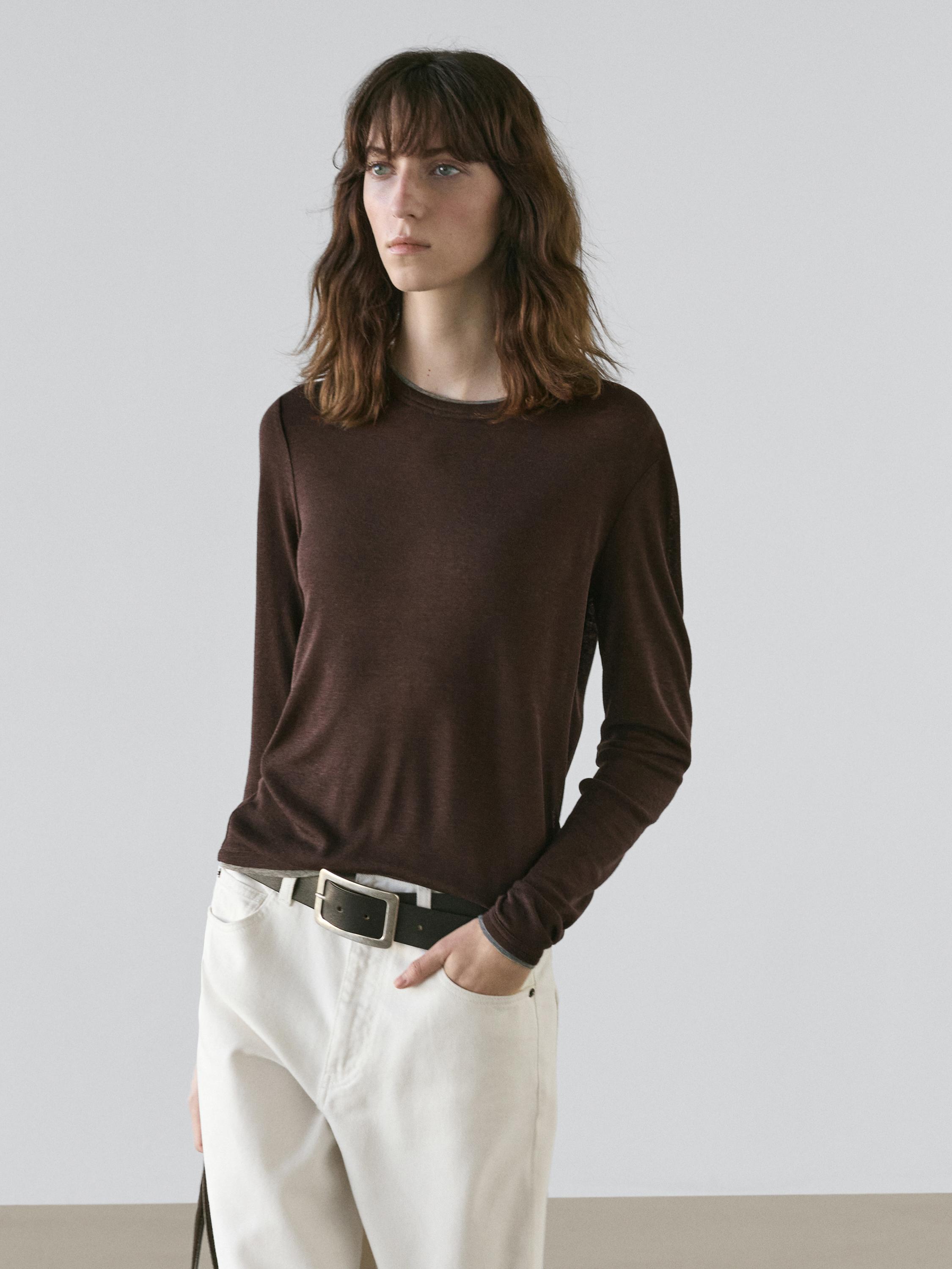 Long sleeve T-shirt with double layer trim